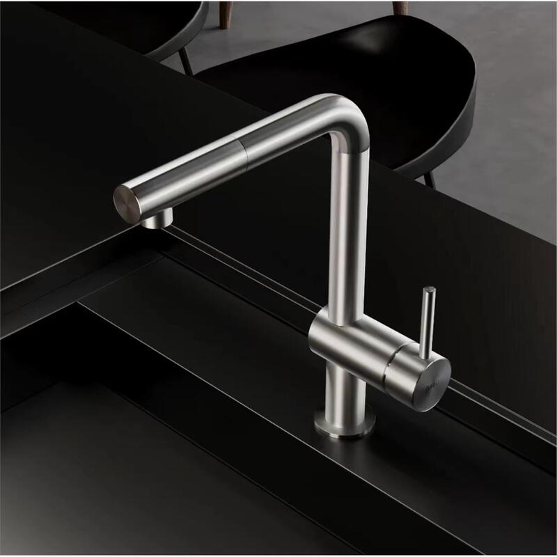 Italian Minimalist All-Copper Brushed Silver Pull-Out Kitchen Sink Faucet with Swivel Lead-Free Faucet