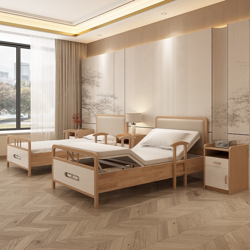 Aging-Friendly Furniture Household Medical Electric Bed with Guardrails Elderly Care Bed Nursing Home Solid Wood Self-Care Bed Family