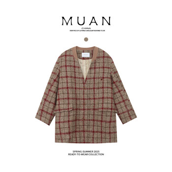 Wooden Shore Retro Commuter Plaid Woolen Brushed Cotton Jacket Women's Top Trendy Casual Versatile Slimming Loose Fit