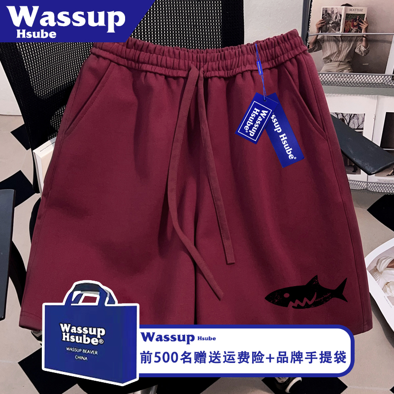 Wassup Summer Drawstring Unisex Burgundy Personalized Shark Print Shorts Fashion Student Harajuku Style Shorts