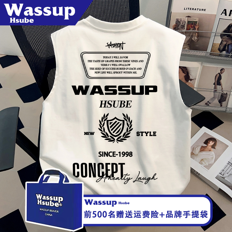 Wassup Summer Fashion Creative Letter Print Pure Cotton Student Tops for Men and Women White T-Shirt Sleeveless Vest
