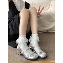 Silver French style coarse heel Marie Jean small leather shoes woman 2024 new summer butterfly knot light mouth fit dresses JK single shoes