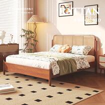 Rattan solid wood bed 1 5m double bed 1 8m B&B bed Japanese style home wedding bed rental room single bed 1 2m