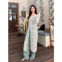 New Chinese style fashion dress 2024 summer new model V-neck long-sleeved hollow sunscreen one-step skirt for ladies