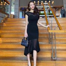 2024 new womens clothing Korean style temperament round neck mesh splicing slim fit hip-hugging ruffled fishtail dress