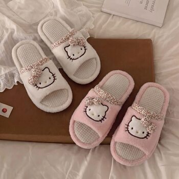 Sanrio Linen Slippers for Women, All-Season Indoor Home Non-Slip Soft-Soled Breathable Sweat-Absorbent Girly Embroidered Cotton and Linen Shoes