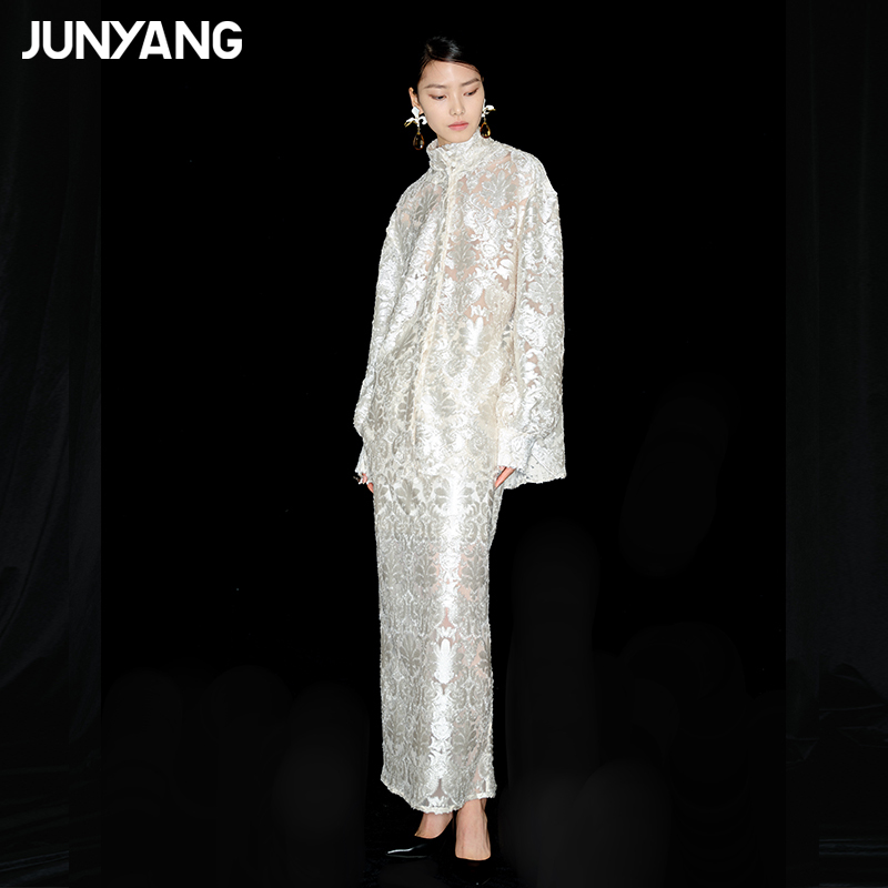 【Celebrity Style】Junyang Classic Gold Floral Slit Skirt for Women, New Chinese Style Straight Skirt