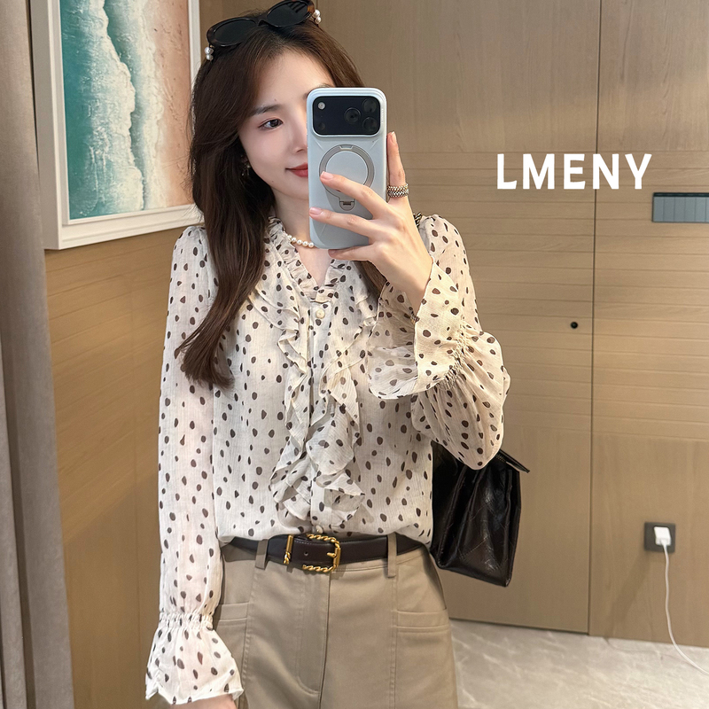 Mengjie Clothing [Polka Dot Style] French Polka Dot Top for Women 2026 Autumn New Elegant Ruffled Blouse