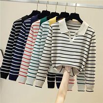 Womens Striped V-neck Pullover Sweater Early Autumn All-ma