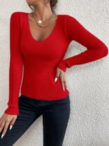 Winter Spring Women Solid Rib Knit V Neck Stripe Pull Sweate