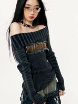 Sexy Slash Neck Vintage Letter Embroidery Gothic Sweater Fas