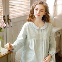 Japanese sweet princess embroidered home wear womens pajamas autumn long-sleeved round neck spring and autumn pure cotton gauze thin set