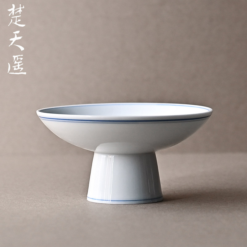 景德镇陶瓷高脚盘青花蓝边高足小号果碟甜品盘茶点盘零食盘