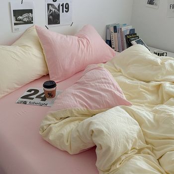 Simple solid color wash cotton double-combination four-piece set pure cotton bed sheet f quilt cover full cotton student three-piece set bedding