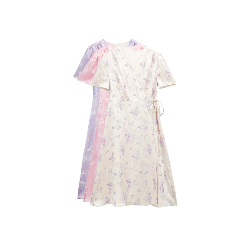 【Orange Lu】251010 Original French-Style Silk Dress with Gold Thread Butterfly Pattern, V-Neck Silk Tea Break Dress, Elegant Wrap Dress