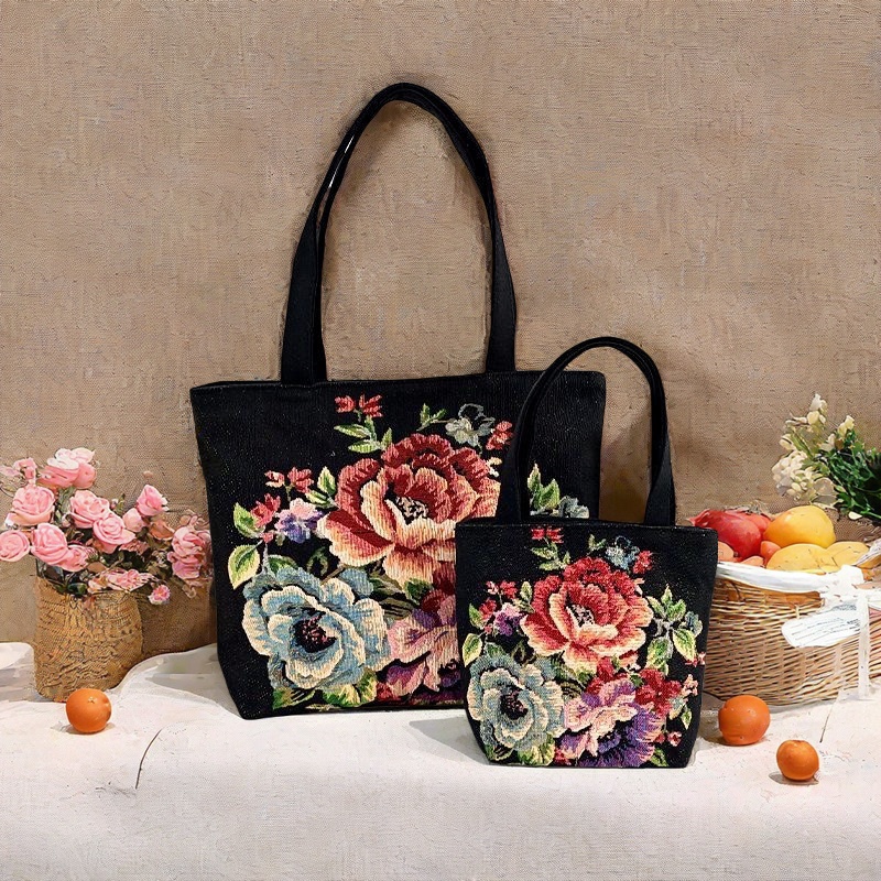 New Canvas Bag, Fashionable and Versatile Handbag, Double-Sided Gold Thread Jacquard Embroidery Shoulder Bag, Women's Portable Lunch Bag