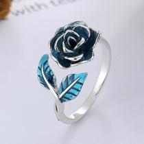 Yunchaoxuan S925 sterling silver retro palace style burnt blue drop glaze rose leaves creative niche open ring for women