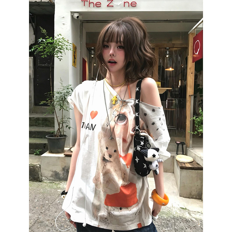 American High Street Style Off-Shoulder Short-Sleeve Women's Summer New Printed Off-Shoulder T-Shirt, Loose and Slimming Hot Girl Top