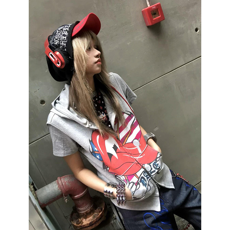 American Street Style Hooded Vest for Women, Summer Funny Tongue Stud Rolling Stone Print Gray Cardigan, Punk Style Hot Girl Top American Street Style Hooded Vest for Women, Summer Funny Tongue Stud Rolling Stone Print Gray Cardigan, Punk Style Hot Girl Top