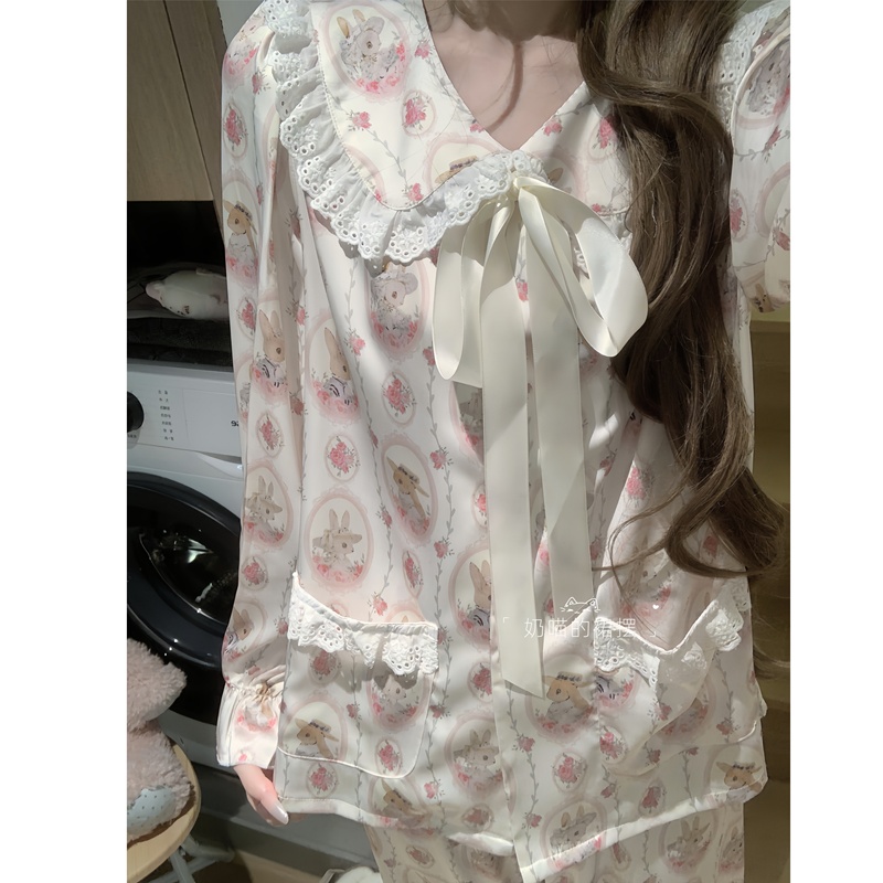 Milk Meow's "To Alice in Wonderland" Sweet Satin Cartoon Pajamas, Ice Silk Long-Sleeved Long Pants Lace Loungewear Set