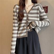New Korean style retro early autumn all-match long-sleeved V-neck striped cardigan sweater womens knitted bottoming shirt jacket top