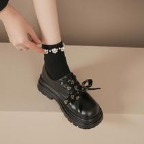 Small leather shoes for women 2024 new soft-soled round-head bow British style retro lace-up thick-soled loafers