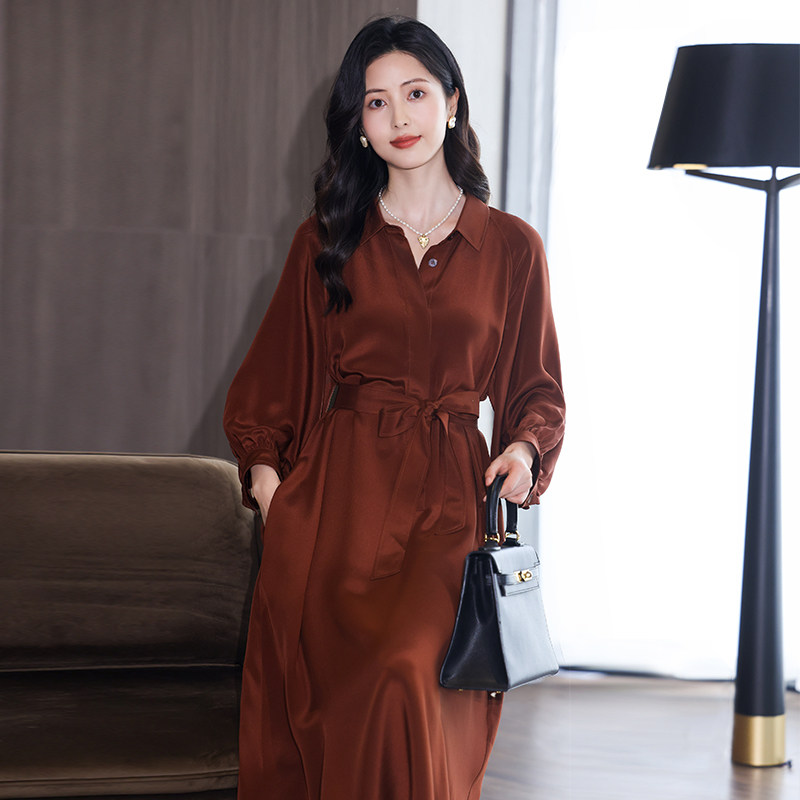 悦戎高端重磅真丝洋装女2026新款35姆米桑蚕丝纯色宽松长袖长裙
