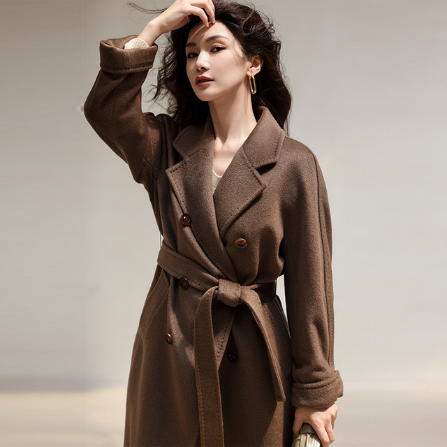 悦戎带里衬紫绒纯羊绒大衣女中长款加厚毛呢外套女经典101801