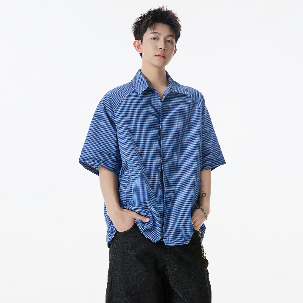 SHAPOES 夏 ボーイズ アメリカンコットン チェックシャツ 半袖 カップル メンズ ゆったり カジュアル ブルーシャツ