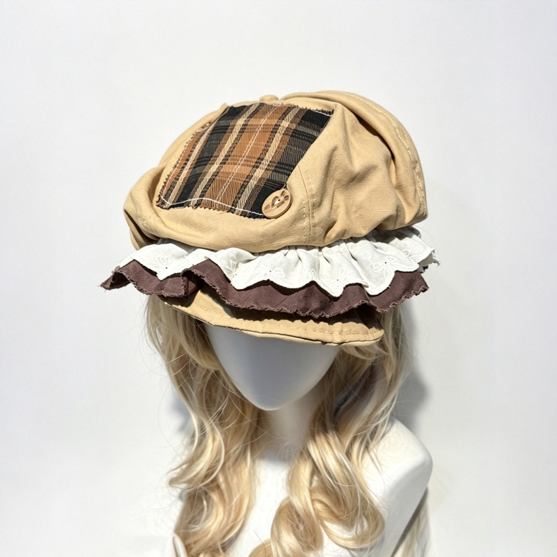 Baogji Niche Design Duckbill Plaid Beret British Style Retro Pleated Equestrian Hat for Women Summer Breathable