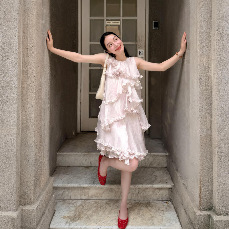 Summer High-End Misty Purple Layered Ruffled Sleeveless Vacation Dress for Women