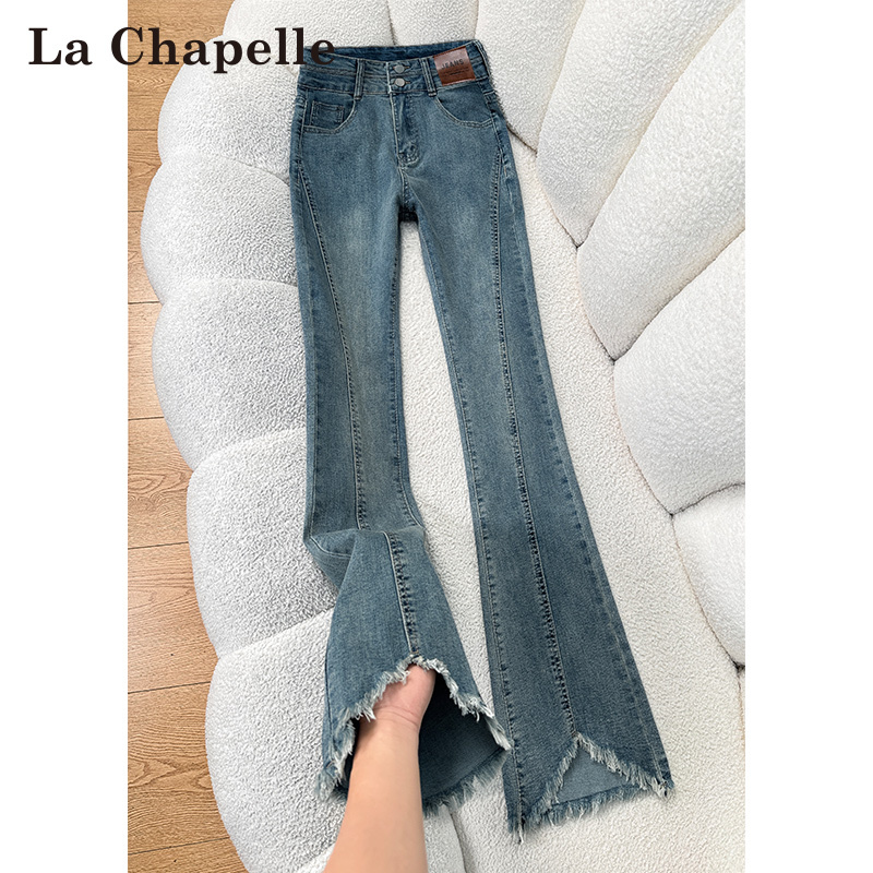 La Chapelle Retro Blue Frayed Hem Flared Jeans for Women, New Spring and Autumn High-Waisted Slimming Split Hem Bootcut Pants