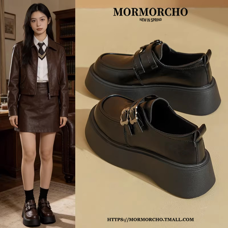 Celebrity-Inspired British Style Buckle Loafers for Women, Thick-Soled Spring Commuter Shoes, Slip-On Black Leather Shoes Size 34