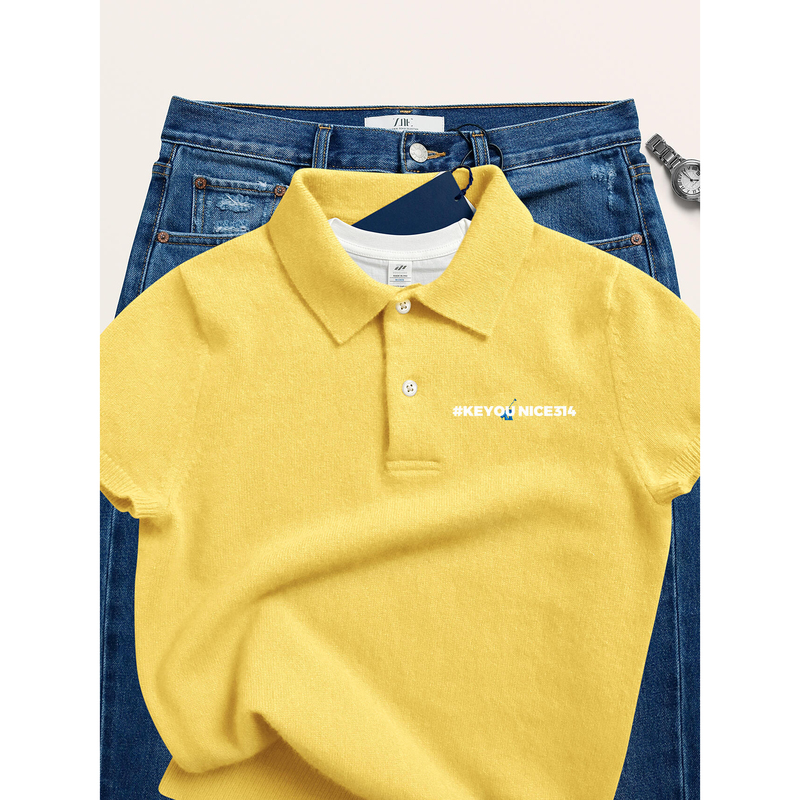 Spring and Summer American Old Money Style Embroidered Logo Cashmere Polo Shirt, Knitted Short-Sleeve Turn-Down Collar, Goose Yellow, Preppy Style, Slim Fit for Women
