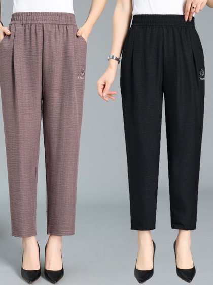 夏季新款洋气中老年女裤宽松大码松紧腰妈妈裤子高腰哈伦裤九分裤