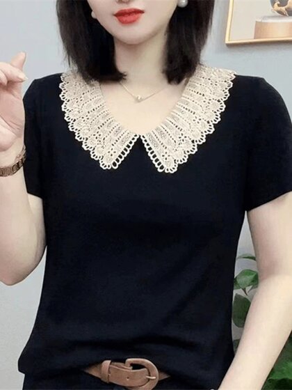 夏季新款洋气减龄花边娃娃领短袖t恤女显瘦宽松大码女装妈妈小衫