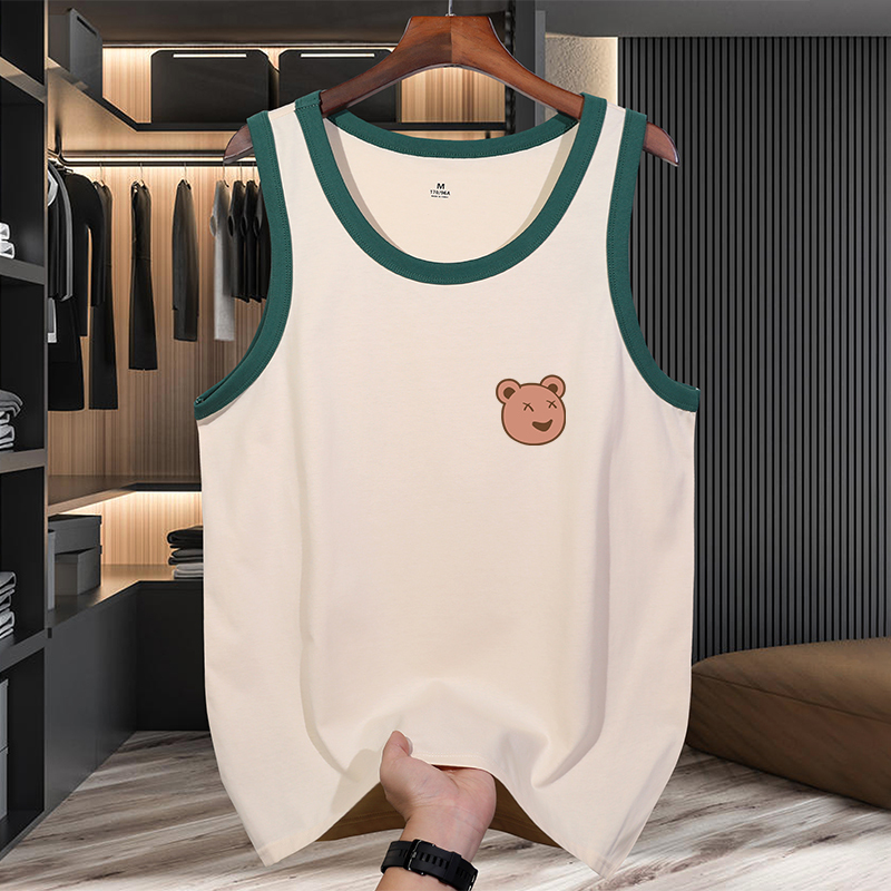 National Trend Retro Nostalgic Summer Fun Cartoon Simple Bear Head Print Vest Men's Pure Cotton Loose Sleeveless T-Shirt