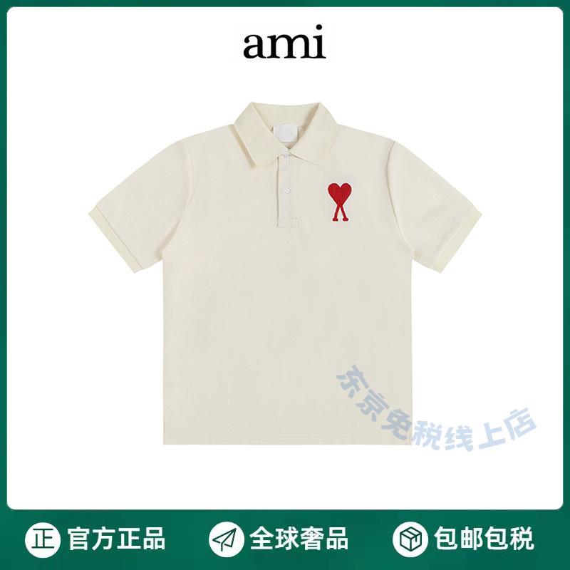 [Official Website Authentic Product] Ami Heart Embroidered Short-Sleeved Polo Shirt for Men, Summer Casual Lapel T-Shirt, Trendy Work Clothing Top