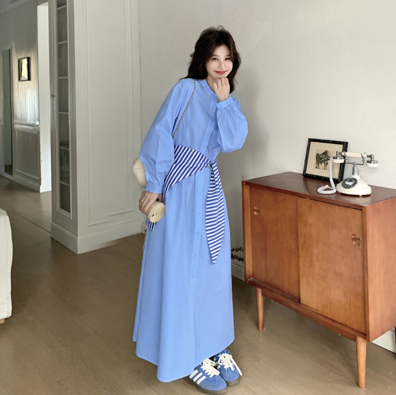 Korean-Style Light Blue Long-Sleeved Shirt Dress for Women in Autumn, Loose-Fitting with a Large Hem, Paired with a Shawl, Slimming, Over-The-Knee Long Petticoat Korean-Style Light Blue Long-Sleeved Shirt Dress for Women in Autumn, Loose-Fitting with a Large Hem, Paired with a Shawl, Slimming, Over-The-Knee Long Petticoat