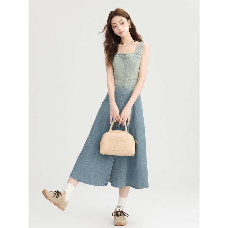 Blue Gradient Simple and Elegant Denim Suspender Dress for Women, Summer Design with a Stylish Touch, Long Dress with Straps
