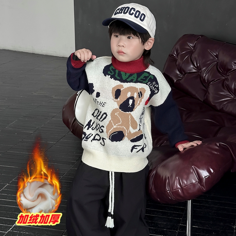 Boys' Fleece Sweater 2025 New Stylish Children's Thick Cartoon Knit Sweater Anti-Pilling Boys' Winter Base Layer Shirt