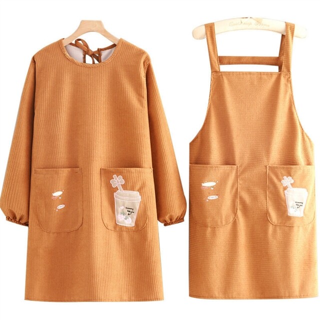 Corduroy Apron Waterproof and Stain-Resistant Thickened Warm Korean Style New 2025 Autumn and Winter Long-Sleeve Kitchen Apron