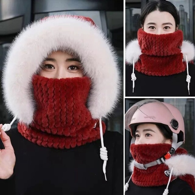 Plush hat scarf all-in-one women's winter hooded neck scarf mask three-piece set cycling Northeast cold-proof pullover hat