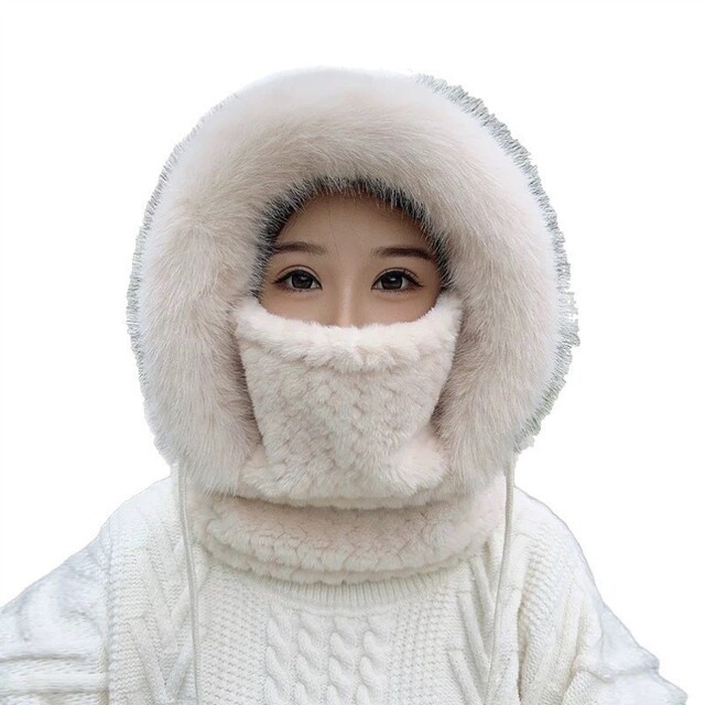 Plush hat scarf all-in-one women's winter hooded neck scarf mask three-piece set cycling Northeast cold-proof pullover hat