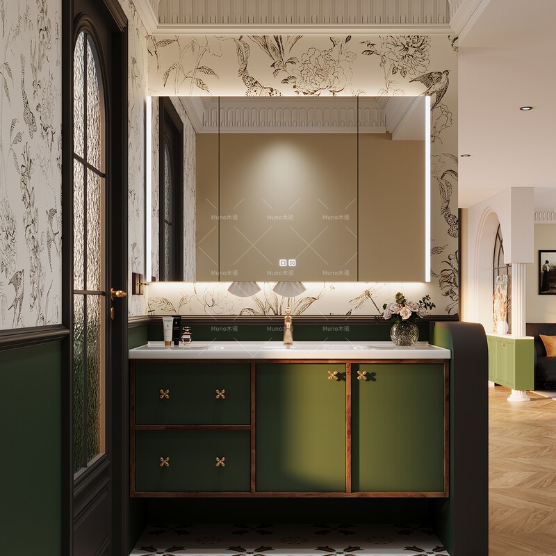 Two-Tone Lacquered Vintage Bauhaus Dark Green Bathroom Cabinet and Sanitary Ware Set with Integrated Ceramic Basin Washstand