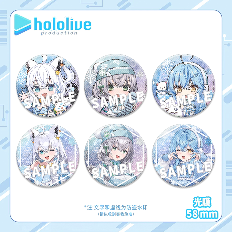 Ski Resort-Themed Badges Featuring White Snow, Silver, and Noelle from Anime Cartoons, with a Glossy Finish