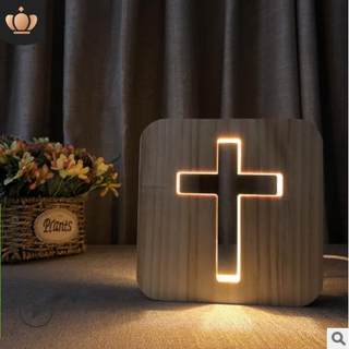 Cross solid wood pine wood craft table lamp wooden led night light warm white lamp table decoration christmas gift