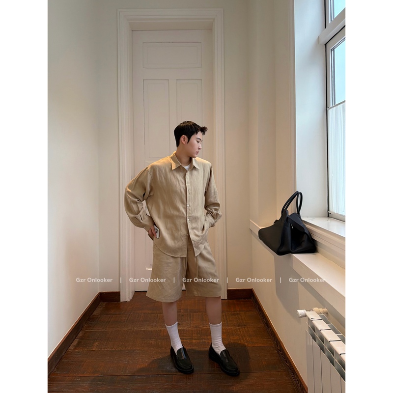 Gzr Onlooker Old Money Lyocell Linen Long Sleeve Shirt/Short Pants Skin-Friendly Breathable Lapel Cardigan Gzr Onlooker Old Money Lyocell Linen Long Sleeve Shirt/Short Pants Skin-Friendly Breathable Lapel Cardigan