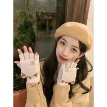 Fingerless flip-up cycling gloves for women winter warm students cute knitted wool half-finger touch screen winter