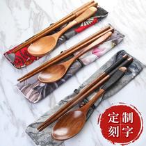 Japanese chopsticks spoons tableware wooden portable set three-piece foldable cloth bag set for students and children